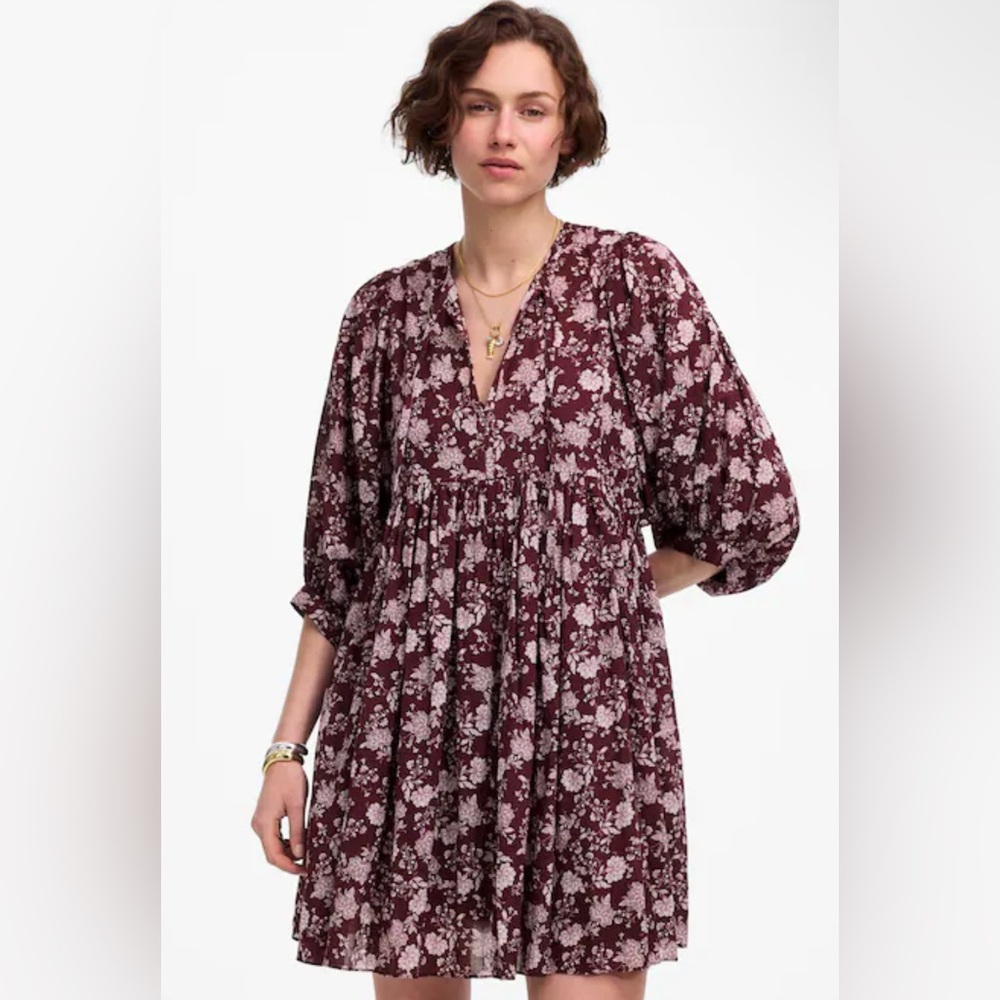 Madewell Splitneck Puff-Sleeve Dress – Dark Fig Floral | Size XXS | NEW | NV450